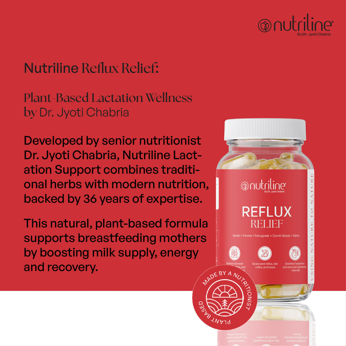 A clear jar labeled Reflux Relief, containing capsules, is set against a pink background. The label promotes natural ingredients and benefits like reducing acid reflux and soothing heartburn for digestive comfort.