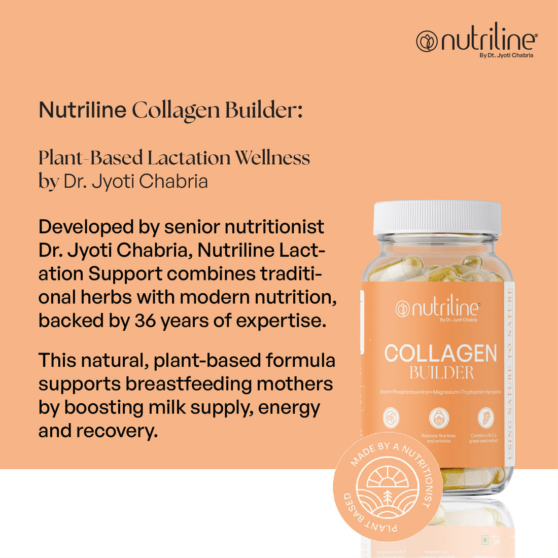 A jar of Collagen Builder contains plant-based capsules. Sitting on a white surface with a peach background, its label highlights benefits such as radiant skin and improved elasticity.