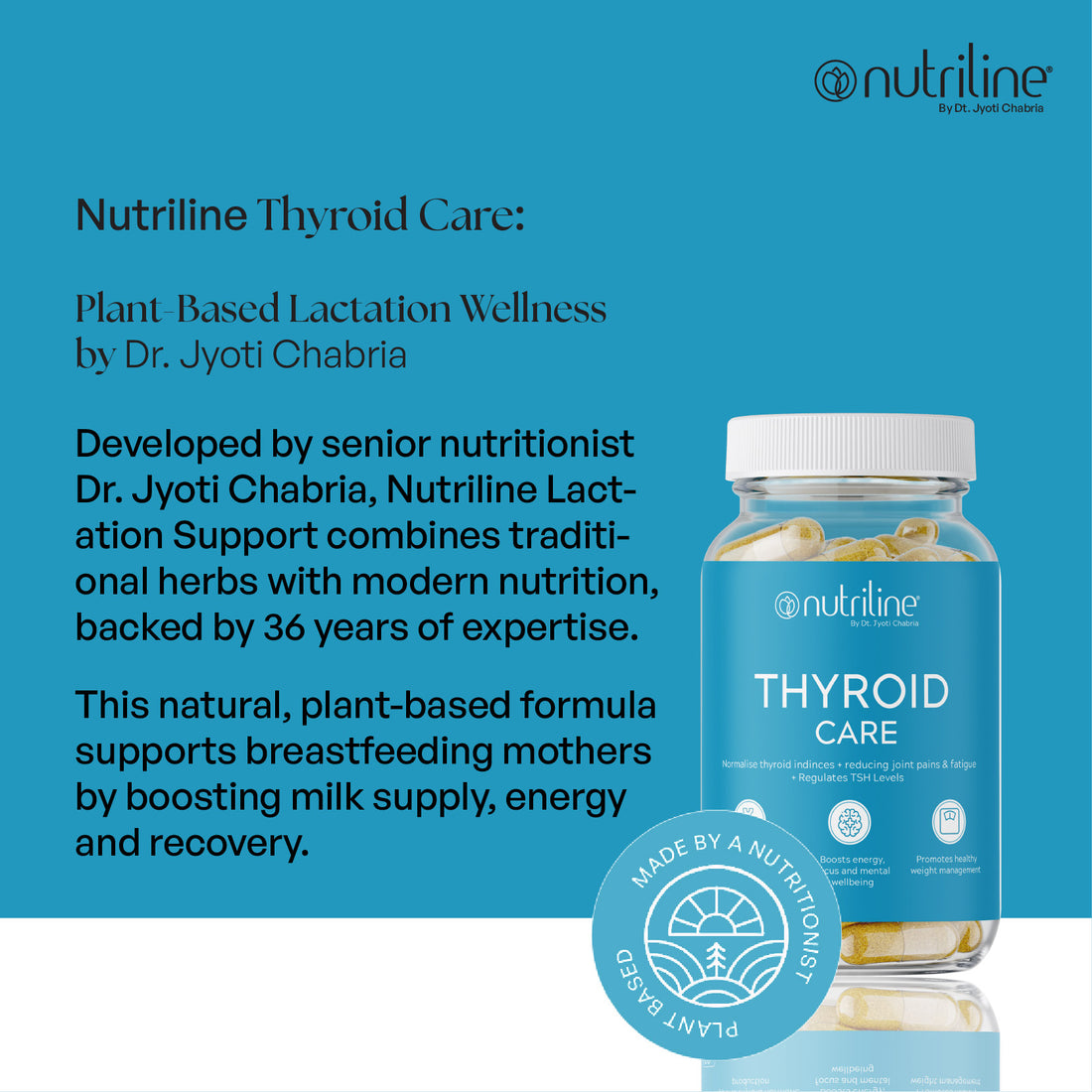 A bottle of Thyroid Care capsules sits on a white surface with a blue background. The blue label highlights support for thyroid health, anti-inflammatory benefits, relief from joint pain, energy, focus, and metabolism.
