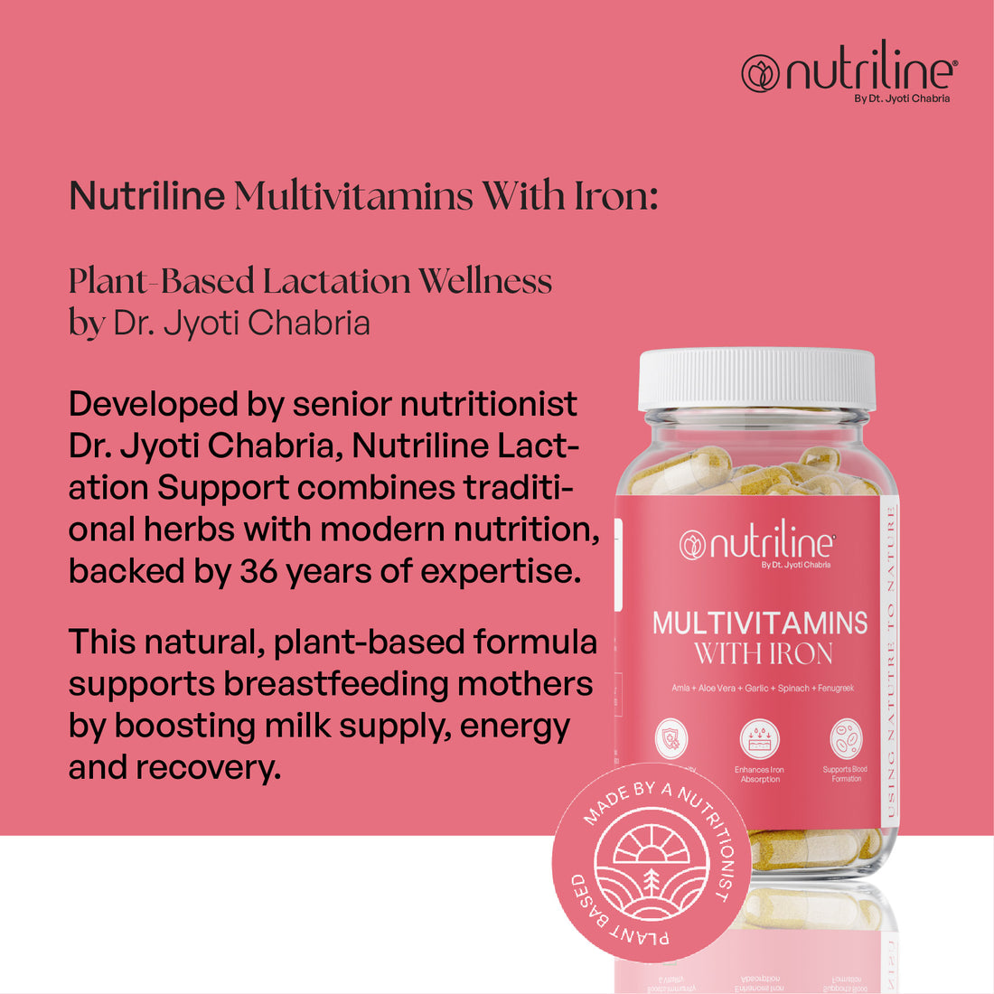 A jar of Multivitamins With Iron capsules rests on a white surface with a pink background. The label highlights benefits such as immunity support, improved iron absorption, and healthy blood production.