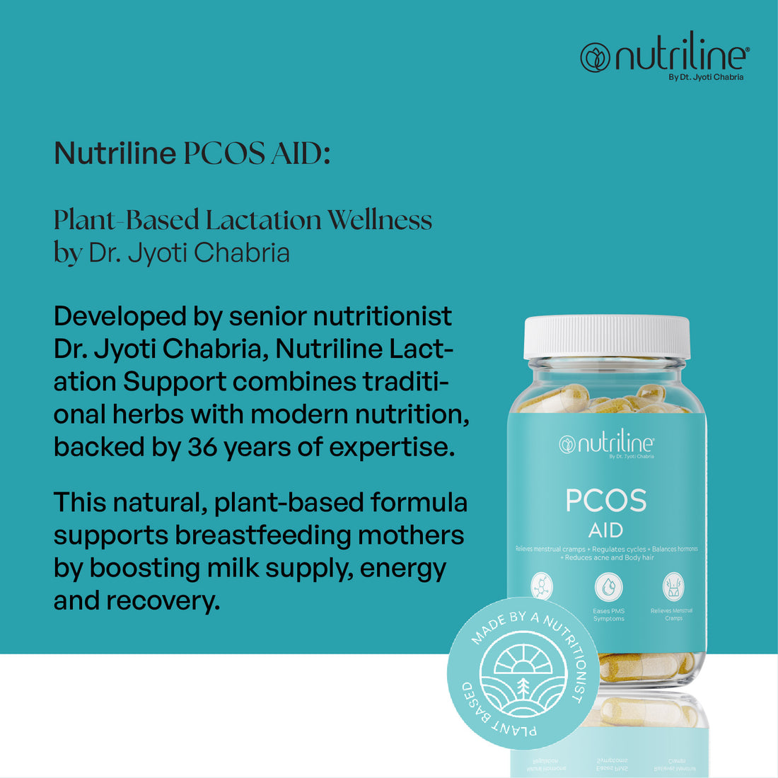 A clear bottle labeled PCOS Aid with yellow and white capsules sits against a blue background. The label highlights support for PCOS, hormone balance, PMS relief, and menstrual cycle regulation.