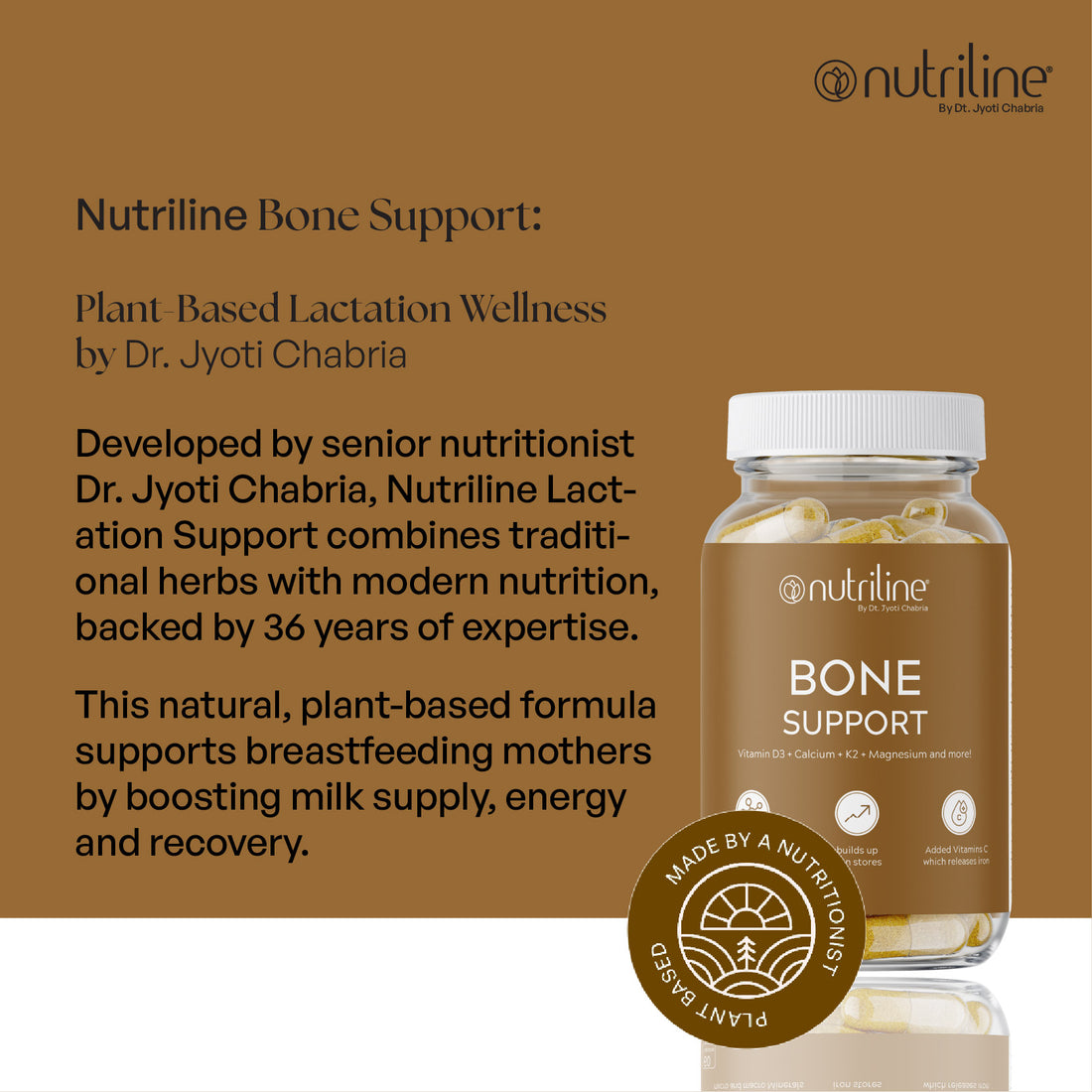 A clear bottle of Bone Support capsules with a white lid and beige label featuring Vitamin D3 info, placed on a white surface against a brown background.