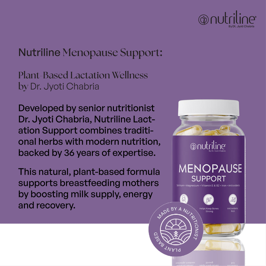 A clear jar labeled Menopause Support, filled with capsules, sits against a purple background. The label highlights its antioxidant blend of selenium, magnesium, and vitamins to support bone health during menopause.