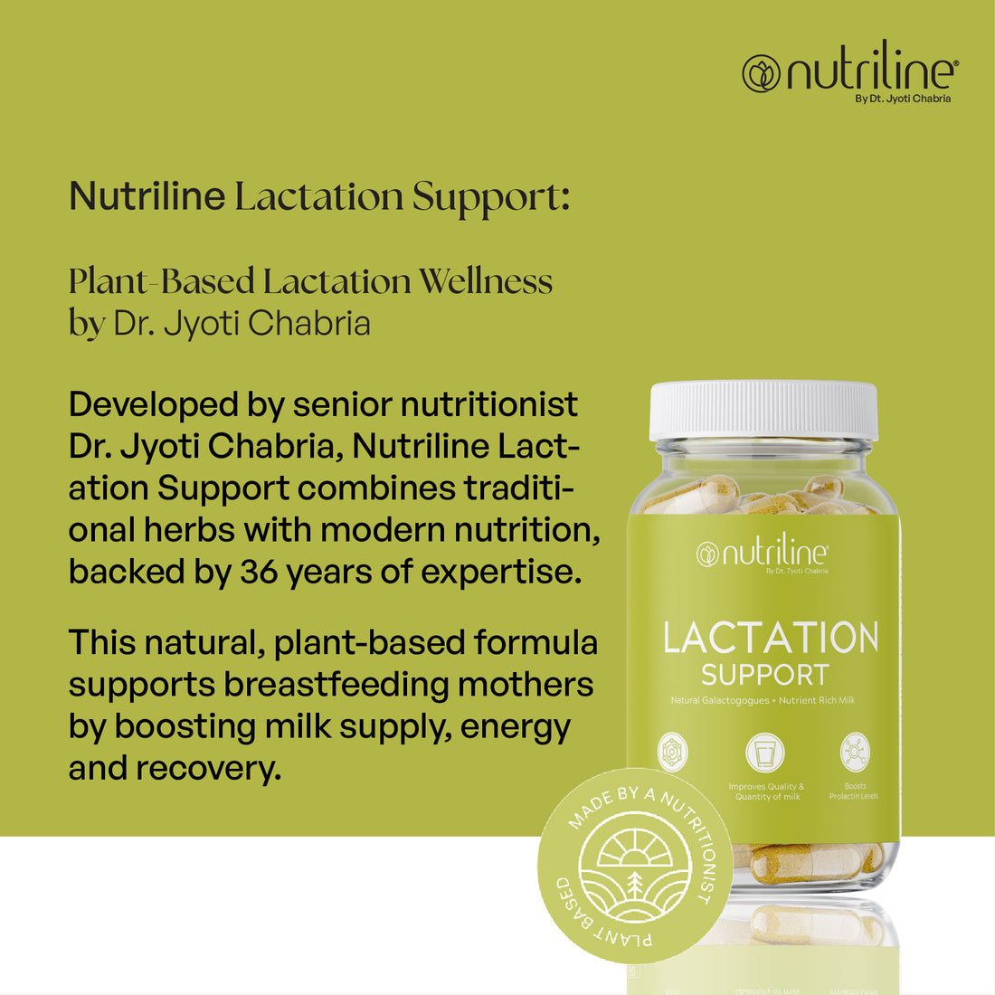 A jar of Lactation Support sits on a white surface with a green background, containing clear capsules that support increased breast milk production and improved milk quality.