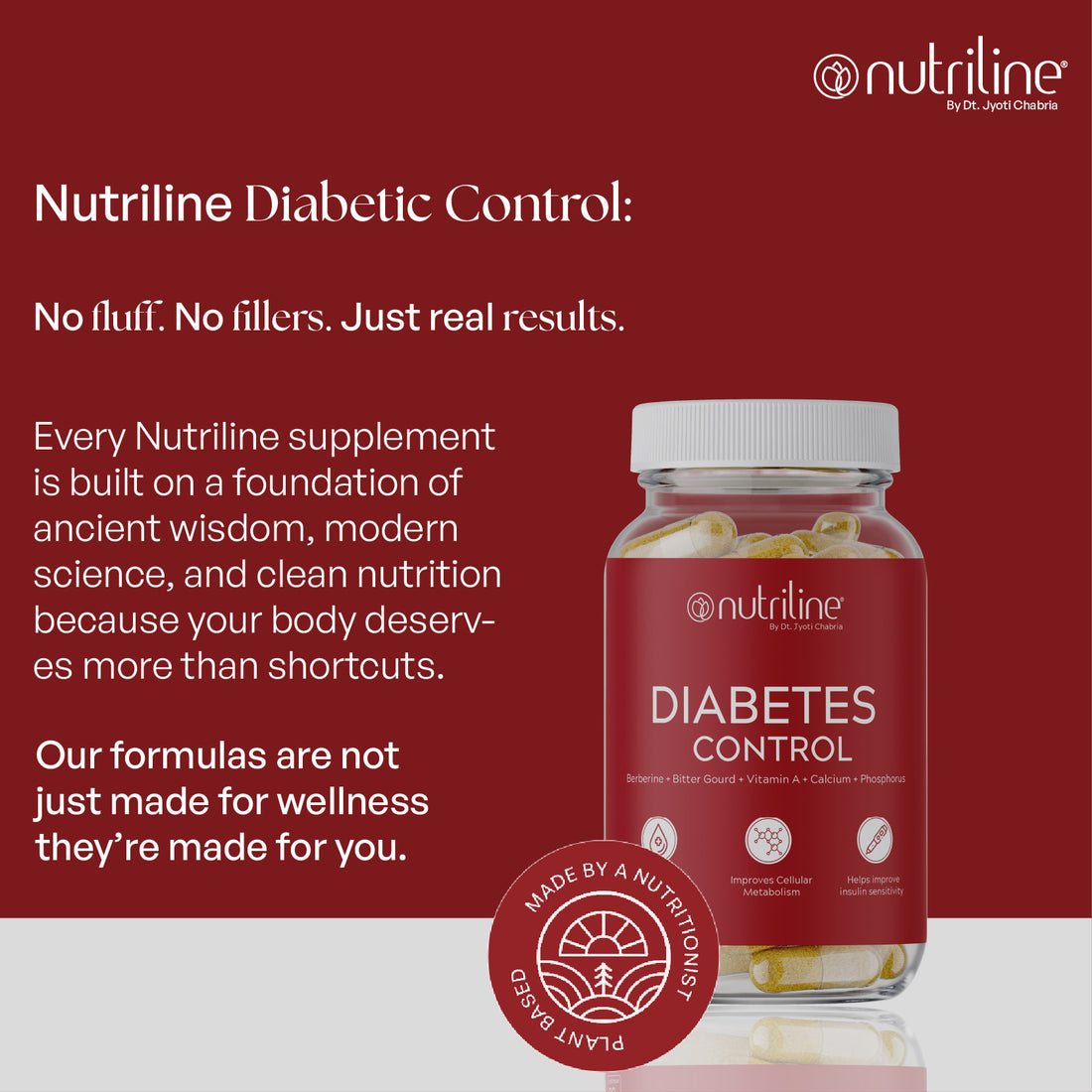 A jar of Diabetes Control capsules is shown against a red background, with the label highlighting benefits such as improved blood sugar regulation and enhanced metabolism.