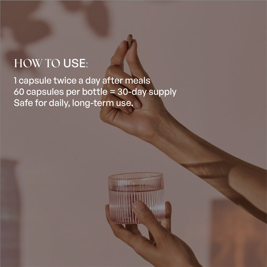 A clear jar labeled Gut Health contains yellow and clear capsules, set against a pink background with soft shadows. The label highlights gut balance, digestion support, immunity, and natural ingredients.
