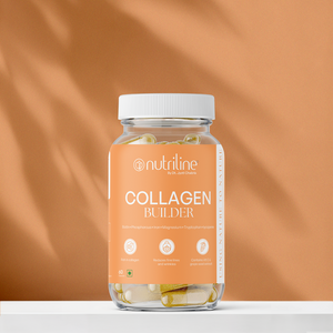 A jar of Collagen Builder contains plant-based capsules. Sitting on a white surface with a peach background, its label highlights benefits such as radiant skin and improved elasticity.