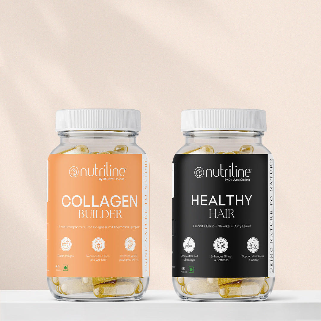 The Healthy Hair + Collagen Builder Bundle features two transparent bottles: one with an orange-labeled Collagen Builder and one with a black-labeled Healthy Hair, both showing plant-based ingredients inside visible capsules.