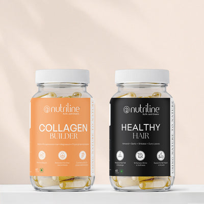 The Healthy Hair + Collagen Builder Bundle features two transparent bottles: one with an orange-labeled Collagen Builder and one with a black-labeled Healthy Hair, both showing plant-based ingredients inside visible capsules.