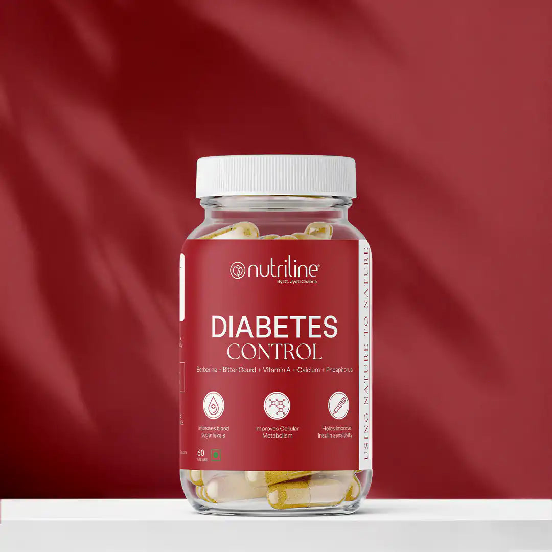 A jar of Diabetes Control capsules is shown against a red background, with the label highlighting benefits such as improved blood sugar regulation and enhanced metabolism.