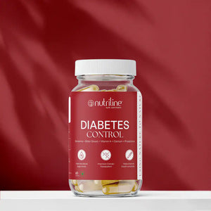 A jar of Diabetes Control capsules is shown against a red background, with the label highlighting benefits such as improved blood sugar regulation and enhanced metabolism.