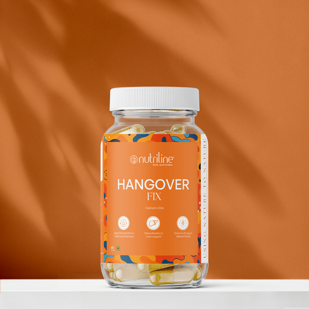 A clear jar of Hangover Fix features yellow capsules against an orange background. The label highlights key benefits: liver support, antioxidants, and a natural recovery formula.