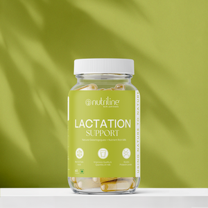 A jar of Lactation Support sits on a white surface with a green background, containing clear capsules that support increased breast milk production and improved milk quality.