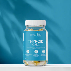 A bottle of Thyroid Care capsules sits on a white surface with a blue background. The blue label highlights support for thyroid health, anti-inflammatory benefits, relief from joint pain, energy, focus, and metabolism.