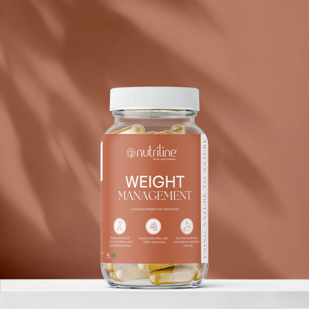 A jar of Weight Management capsules rests on a white surface with a brown background, shadows cast across it. The label features benefits such as appetite control, fat burning, and reduced cravings.