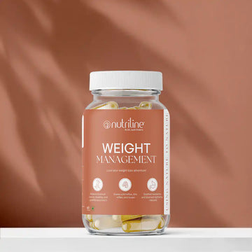A jar of Weight Management capsules rests on a white surface with a brown background, shadows cast across it. The label features benefits such as appetite control, fat burning, and reduced cravings.